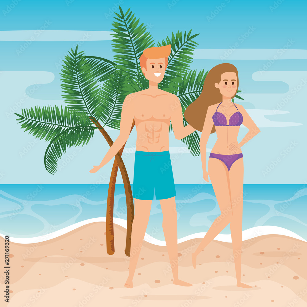 man wearing bathing shorts and woman with swimsuit and palms trees