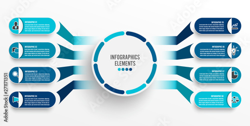 Vector infographic template with 3D paper label, integrated circles. Business concept with 8 options. For content, diagram, flowchart, steps, parts, timeline infographics, workflow, chart.