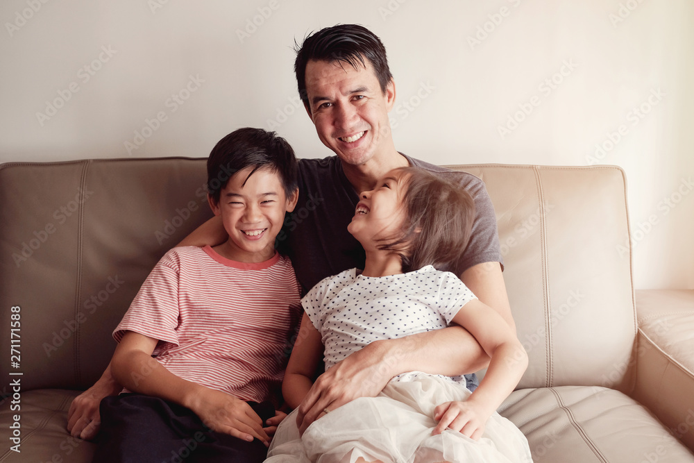 Happy multicultural Asian children with their father at home, Father's Day Happy multicultural Asian children with their father at home, Father's Day