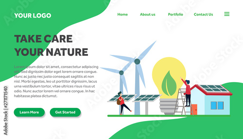 ecology and environment creative illustration vector for landing page , small people in ecology and environment illustration vector , save the planet, save energy, Earth Day landing page