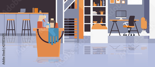 bucket with tools and items cleaning service concept modern co-working center creative office interior horizontal flat vector illustration