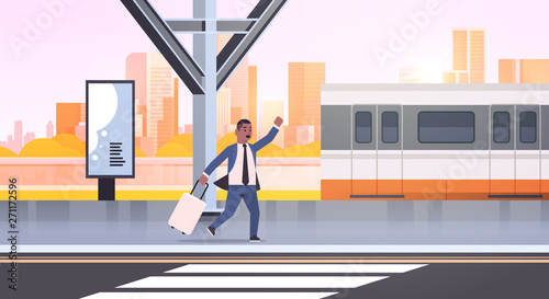 businessman running to catch train african american business man with luggage on railway station city public transport male cartoon character cityscape background full length horizontal