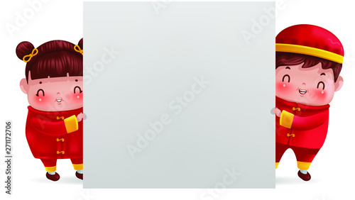 Children behind a wall. Boy and gril personality in red cheongsam dress. Cute traditional. Chinese New Year.  Cartoon vector illustration isolated on a white background.