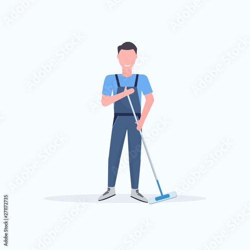 male janitor in uniform mopping floor man cleaner holding mop cleaning service concept full length flat white background