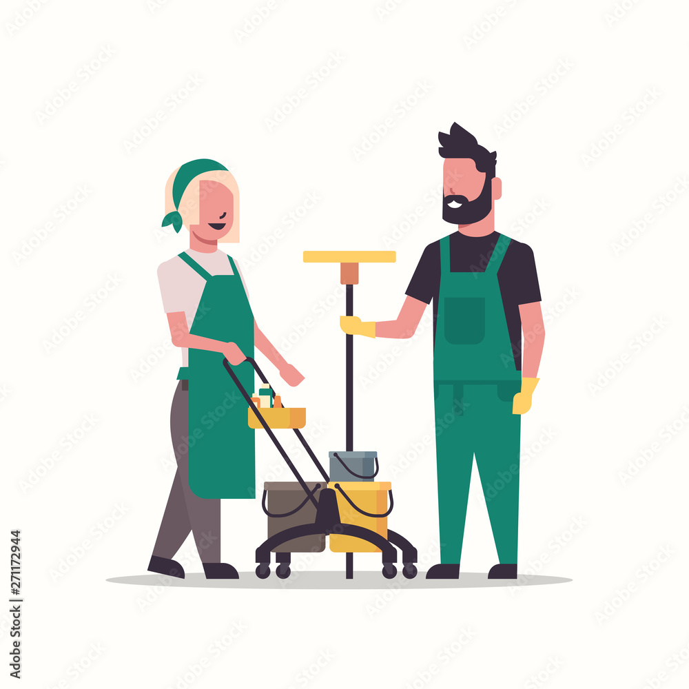couple janitors man woman in uniform working together with professional equipment cleaning service concept cleaners pushing trolley cart with tools full length flat couple janitors man woman in uniform working together with professional equipment cleaning service concept cleaners pushing trolley cart with tools full length flat
