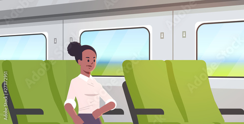 businesswoman traveling by train african american passenger woman sitting comfortable chair during business trip travel long short distance public transport concept flat portrait horizontal