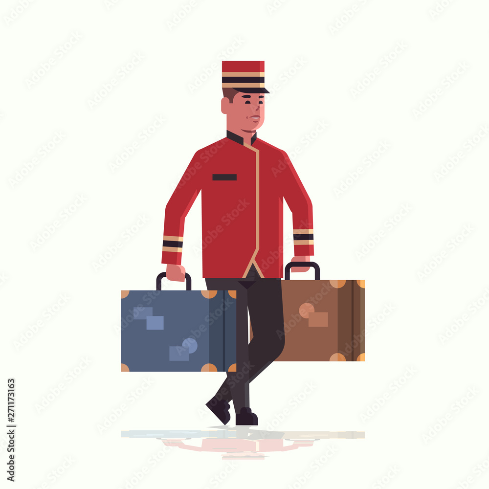 bell boy carrying suitcases service concept bellboy holding luggage male hotel worker in uniform full length flat Stock Vektorgrafik Adobe Stock