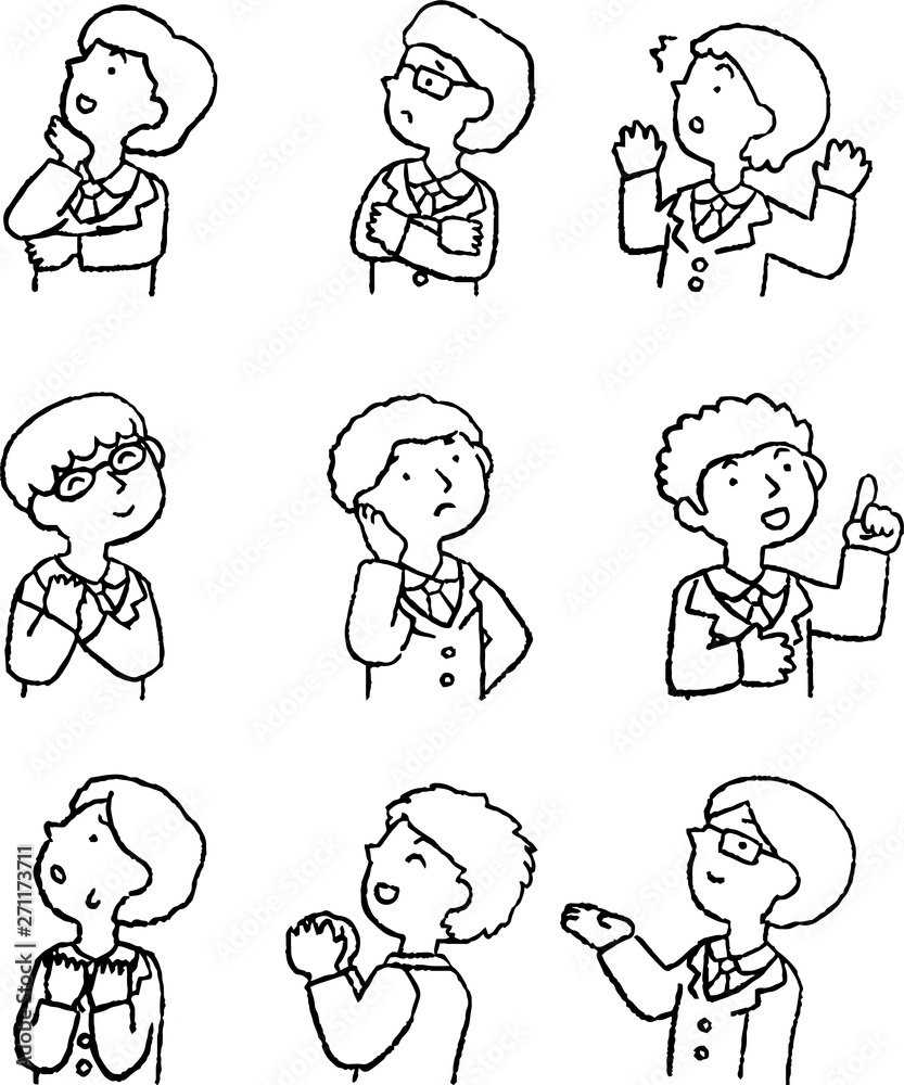 Monochrome Illustration of hand-drawn sideways businessman set Monochrome Illustration of hand-drawn sideways businessman set