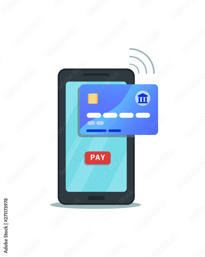 Online mobile payment concept. Internet banking. Flat smartphone icon with pay button isolated on white background. Secure wireless transaction via credit card with nfc technology and mobile app. Online mobile payment concept. Internet banking. Flat smartphone icon with pay button isolated on white background. Secure wireless transaction via credit card with nfc technology and mobile app.