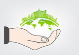 Ecology and Environmental Concept,Earth Symbol With Green Leaves Around Cities Help The World With Eco-Friendly Ideas,Vector Illustration
