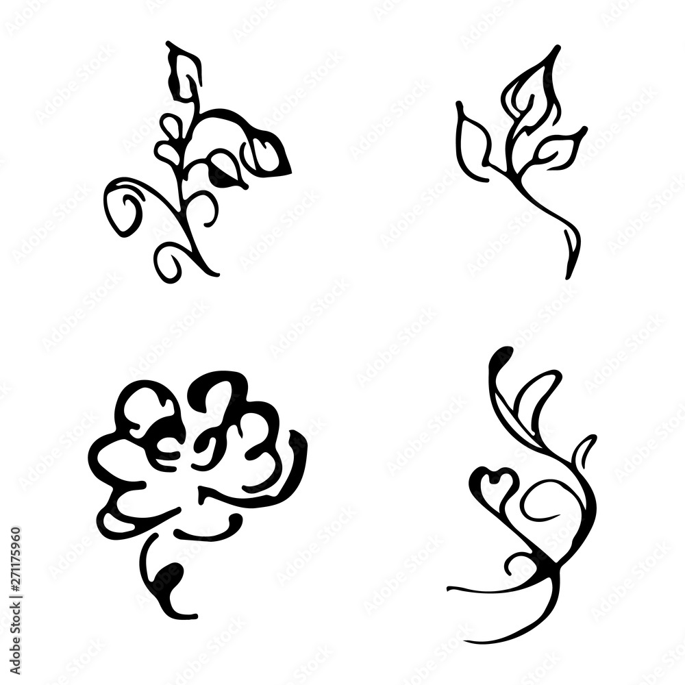 Fototapeta premium Flowers and branches hand drawn doodle collection isolated on white background. 4 floral graphic elements. Big vector set. Outline collection