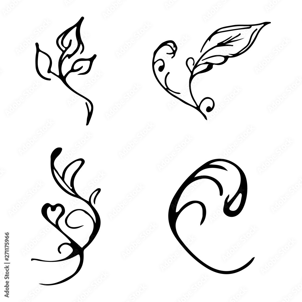 Flowers and branches hand drawn doodle collection isolated on white background. 4 floral graphic elements. Big vector set. Outline collection