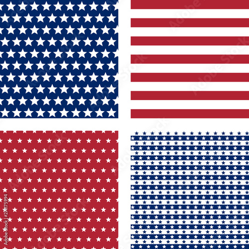 navy and red stars and stripes, vector seamless patterns set