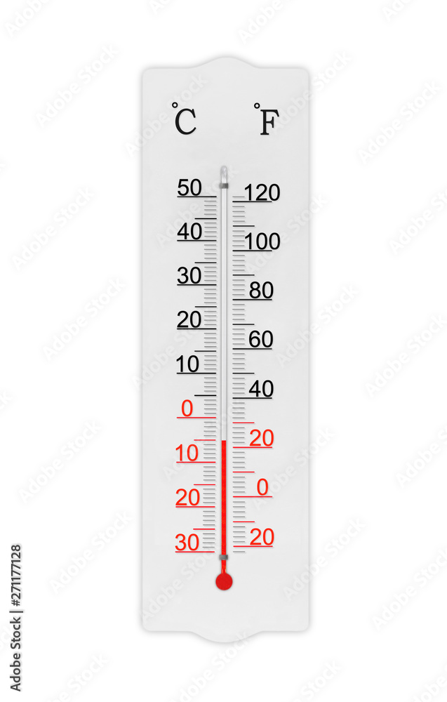 Atmosphere thermometer isolated on white background. Ambient temperature  minus 5 degrees celsius Stock Photo | Adobe Stock
