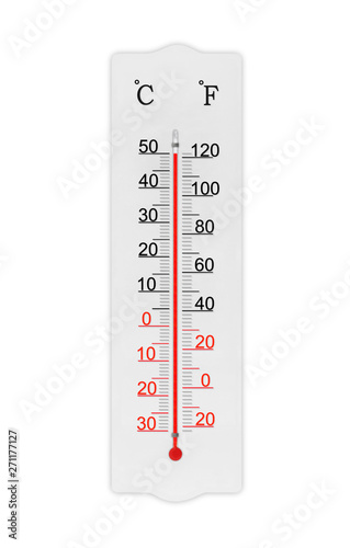 Atmosphere thermometer isolated on white background. Ambient temperature plus 50 degrees celsius