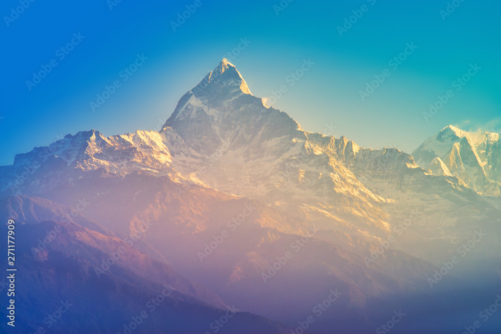 The Annapurna massif in the morning time with sunrise, seen from Methlang Hill, Pokhara, Nepal. - obrazy, fototapety, plakaty 