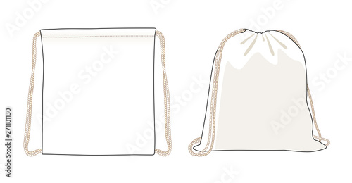 Blank drawstring bag, white foldable backpack, cloth bag, vector illustration sketch template photo