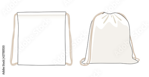 Blank drawstring bag, white foldable backpack, cloth bag, vector illustration sketch template