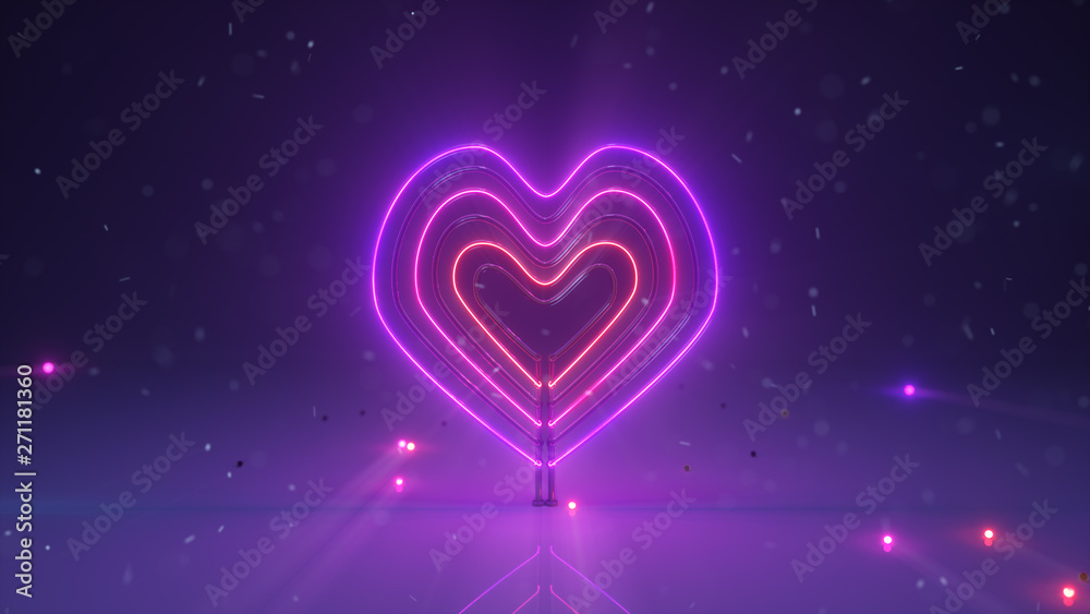 Colorful neon light heart symbol 3D rendering