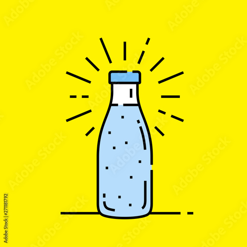 Water bottle icon. Bottled sparkling water graphic. Carbonated soda beverage isolated on yellow background. Vector illustration.