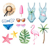 Watercolor set of summer elements. Sunglasses, swimwear, hat, starfish, flamingo, palm, leaf monstera. The illustrations are hand-drawn
