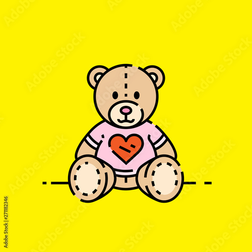 Love bear icon. Cute brown teddy bear symbol with red heart on pink t-shirt isolated on yellow background. Vector illustration.