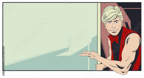 Sexy young guy in bow tie pointing. Stock illustration.