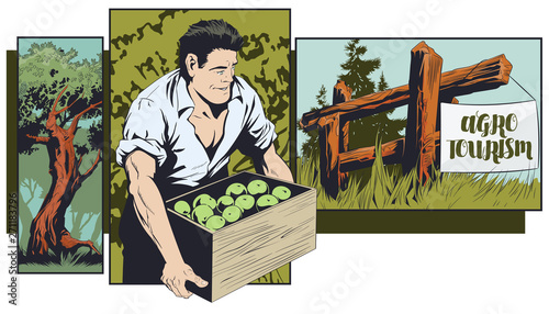 Agrotourism. Ecotourism. Man on vacation in village. Nature recreation. Stock illustration.