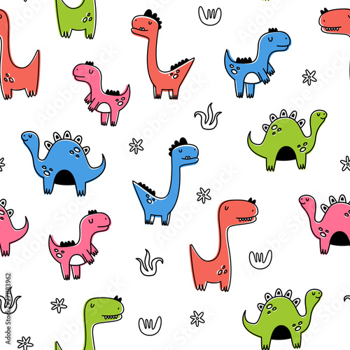 Vector seamless pattern with dinosaurs. Cartoon style. Children's print.