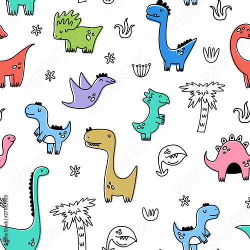 Vector seamless pattern with dinosaurs. Cartoon style. Children's print.