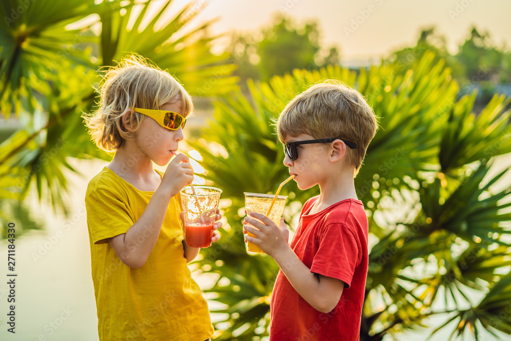 Fototapeta premium Two boys drink healthy smoothies against the backdrop of palm trees. Mango and watermelon smoothies. Healthy nutrition and vitamins for children