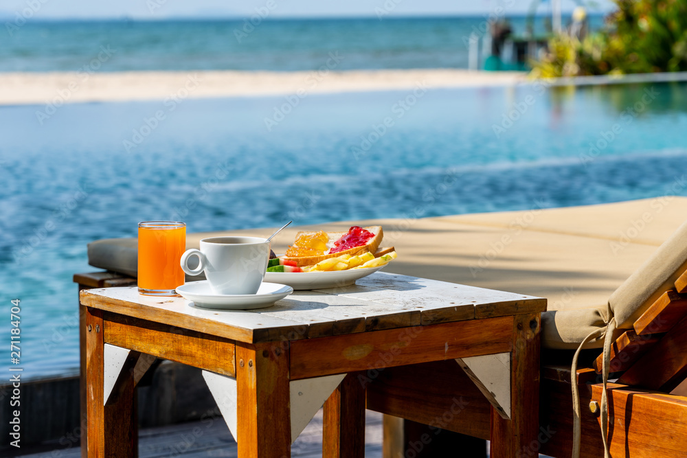 Healthy breakfast at the luxury resort with sea background