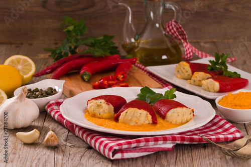 Stuffed piquillo peppers with cod. 