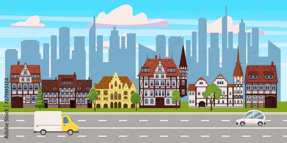 Cityscape, panorama horizontal view, old buildings architecture, skyscrapers modern buildings Cityscape, panorama horizontal view, old buildings architecture, skyscrapers modern buildings