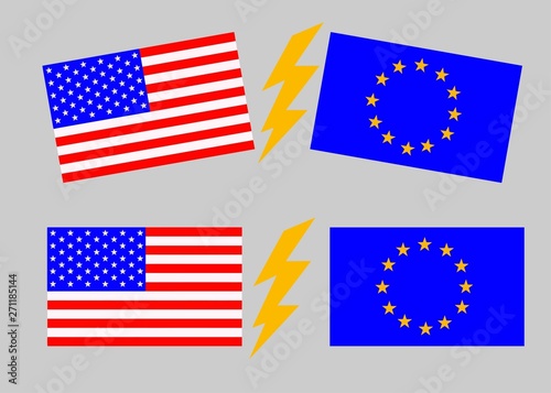 USA versus European Union. American flag and flag of Europe. Trade war, economic war. Tax tariff, price war.
