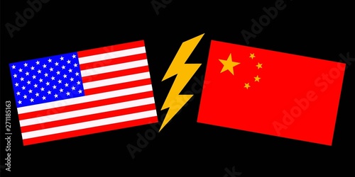 USA versus China. Chinese flag and american flag. Trade war, economic war. Tax tariff, price war.