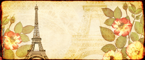 Grunge background with paper texture, dried rose flowers and Eiffel Tower