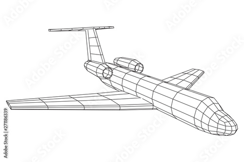 Private Jet Plane Abstract polygonal wireframe business luxury twin engine airplane. Travel aircraft, tourism and vacation concept. Wireframe low poly mesh vector illustration