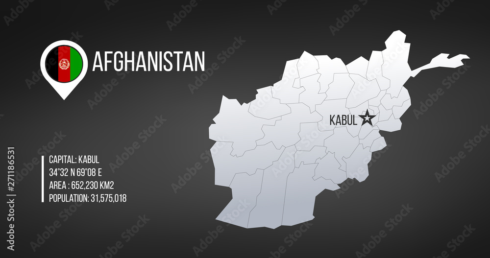 Afghanistan detailed map with regions and Kabul capital star and statistic information. Vector illustration isolated on black background.
