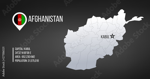 Afghanistan detailed map with regions and Kabul capital star and statistic information. Vector illustration isolated on black background.