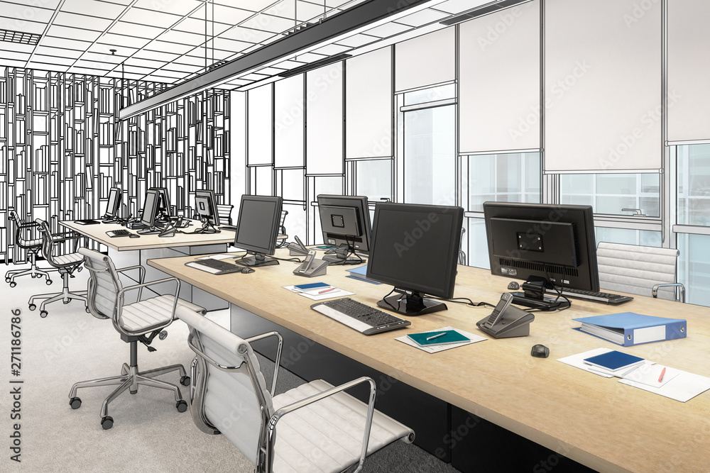 Computer Workplace Inside a Business Center (draft) - 3d illustration Computer Workplace Inside a Business Center (draft) - 3d illustration