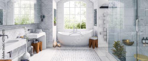 Fotografia Renovation of an old building bathroom in a panoramic view - 3d visualization