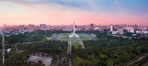 Panoramic Jakarta skyline with iconic symbol likes National Monument (Monas) in the afternoon