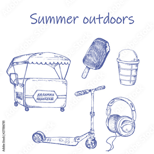 Retro hand-drawn summer entertiment sketch . Ink pen set of scooter, ice cream trolley and headphones. Vector illustration for vintage cards. photo