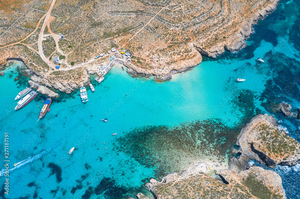 Aerial view from the height of the heavenly Blue Lagoon on the island of Comino Malta