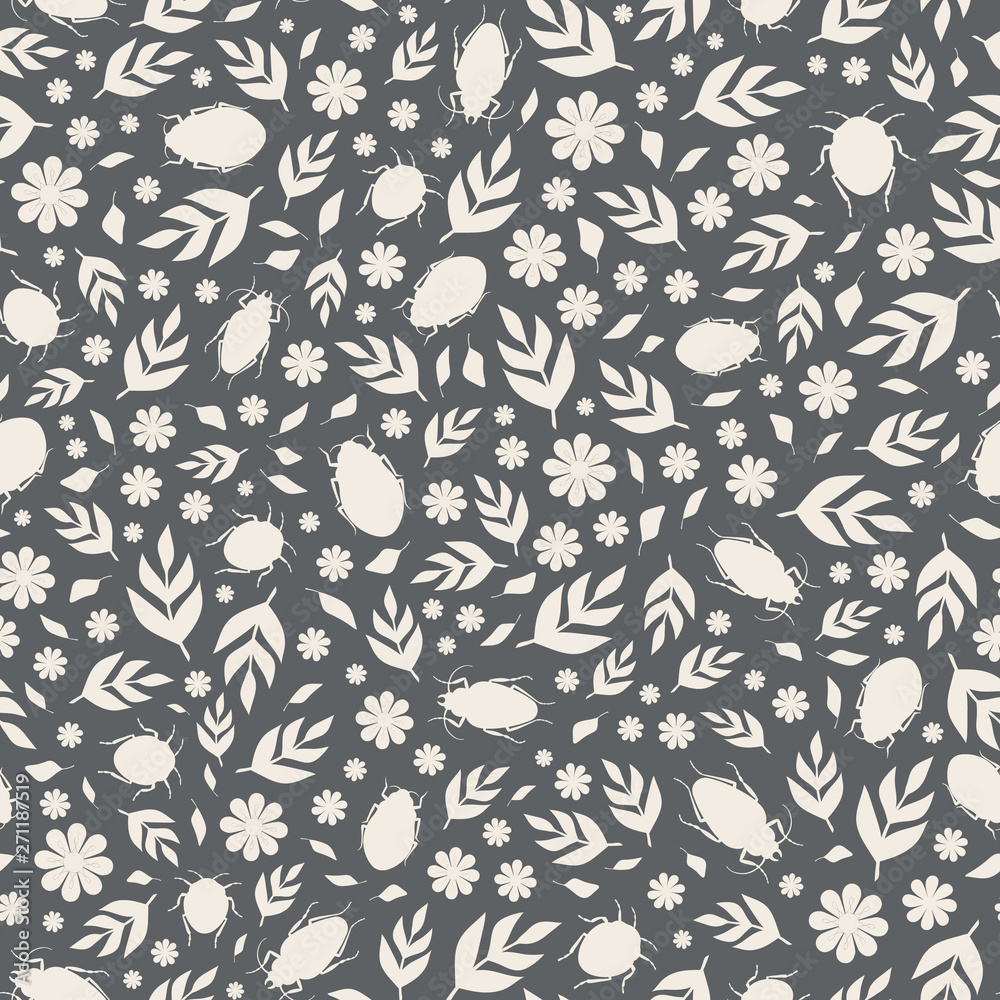 Seamless repeat pattern background of white silhouette beetles, leaves and flowers. A vector surface design of insects and flora. Seamless repeat pattern background of white silhouette beetles, leaves and flowers. A vector surface design of insects and flora.