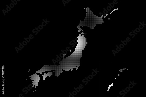 Japan map composed of three-dimensional dots. 立体的なドットで構成された日本地図