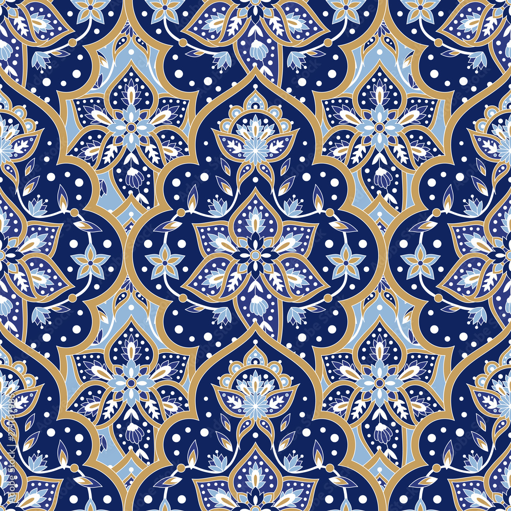 Indian paisley pattern vector seamless. Floral arabesque damask ornament motif. Batik Indonesia ethnic print. Oriental design for wallpaper, muslim silk scarf fabric, curtain textile, boho blanket.