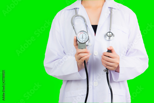 Women doctor in hand holding medical devices Standing on green screen background