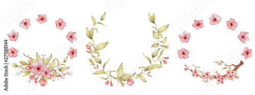Wallpaper Mural Sakura flowers watercolor illustration. Blossom petal wreath  Torontodigital.ca